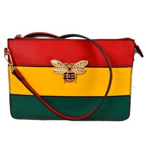 Ladies Women Holiday Faux Leather Red Yellow Green Striped Butterfly Clutch Bag